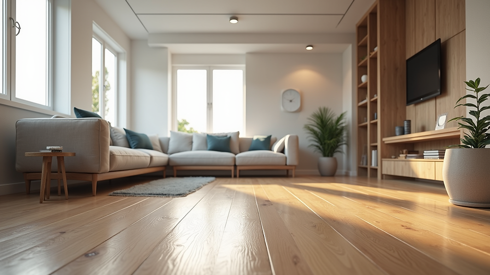 Eye-level view of modern living room with wide plank engineered hardwood flooring