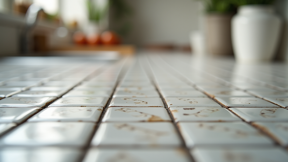 Close-up view of patterned ceramic tiles in a kitchen