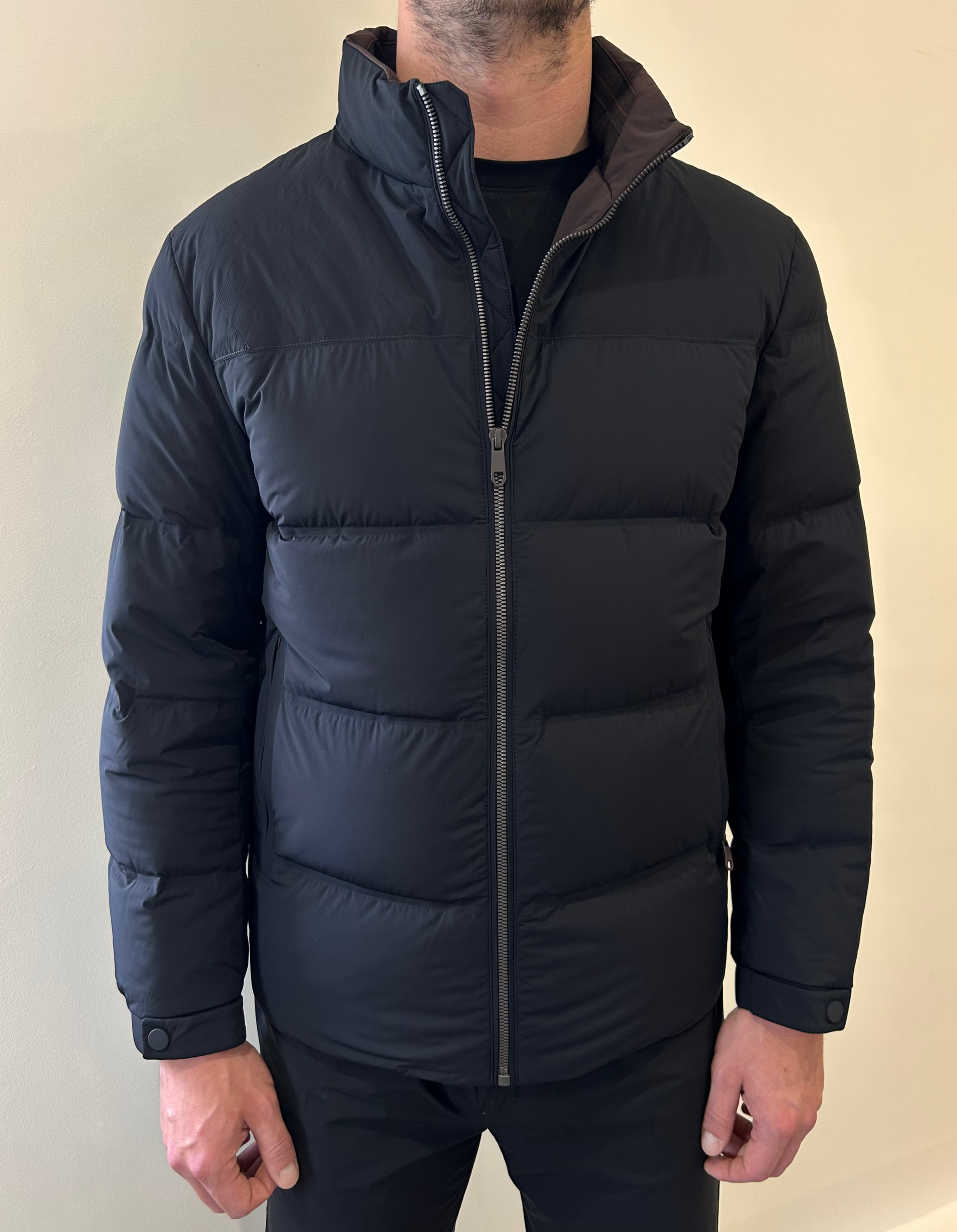 MENS Fitted Waterproof Coat Dark Navy with Seamless Zip 