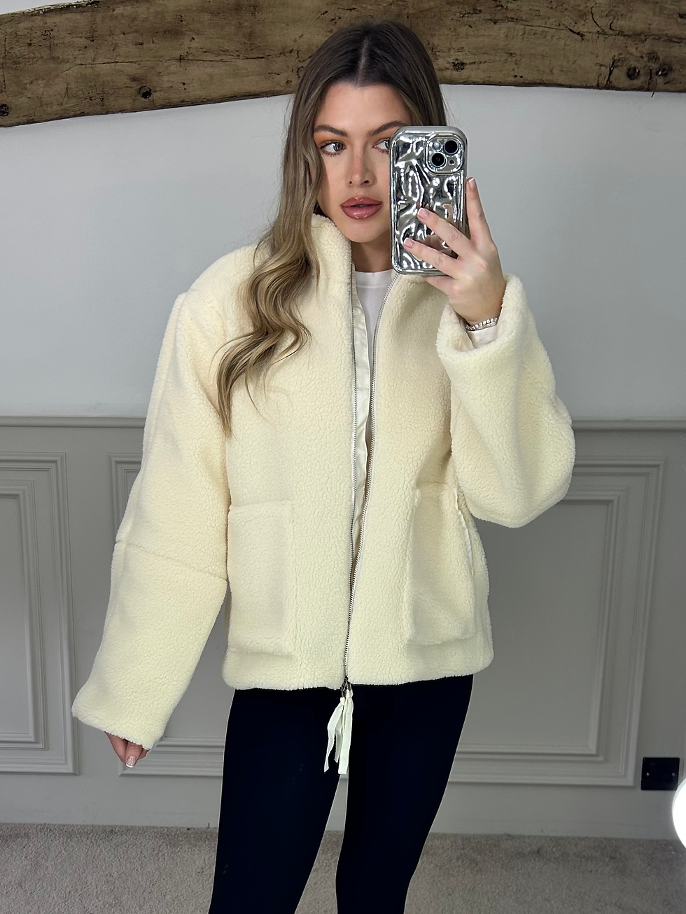 Thumbnail: Bouclé Cream Zip Up Jacket with Pockets 