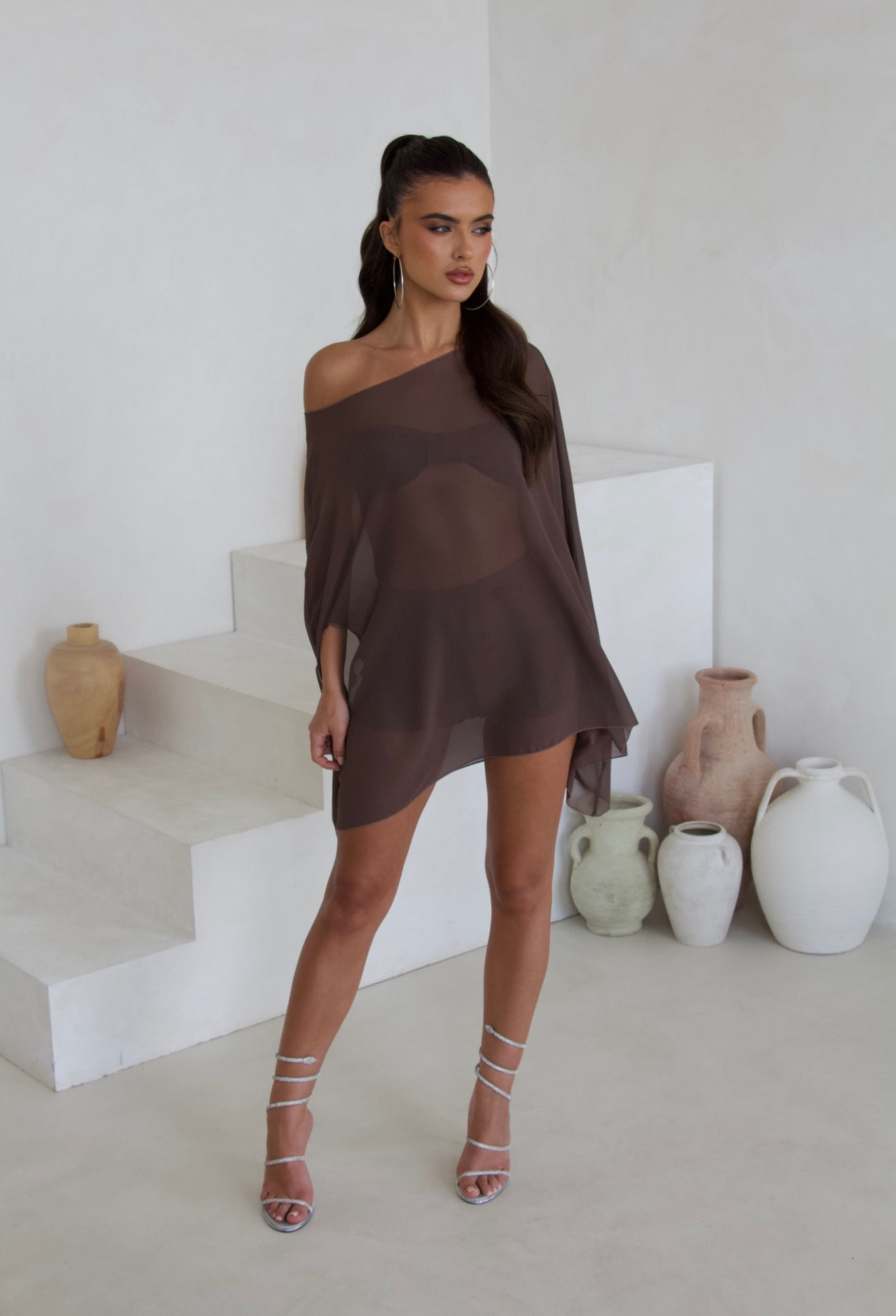 Brown Cape 3 Piece Bandeau and Shorts Set 