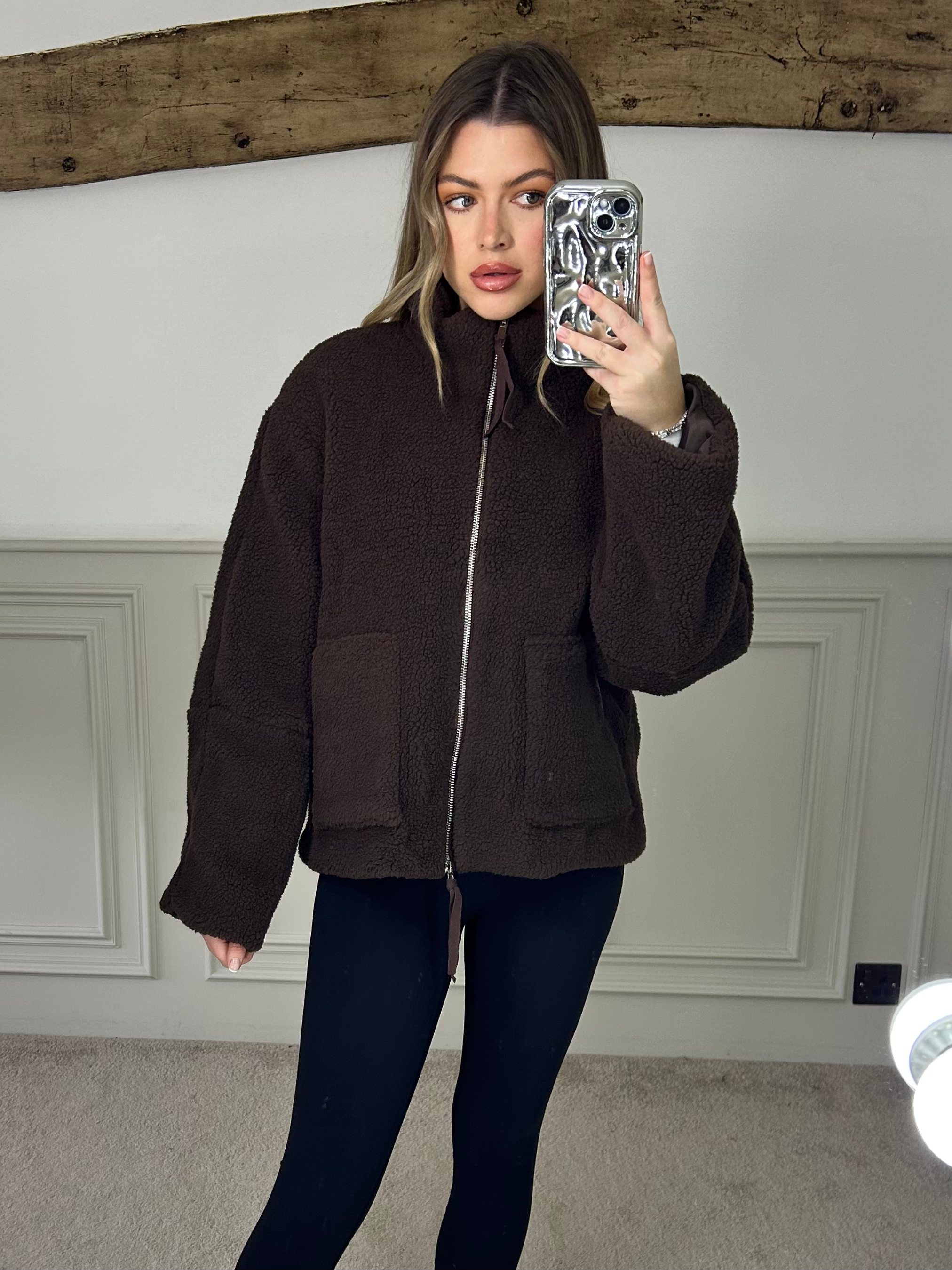 Bouclé Coffee Zip Up Jacket with Pockets 