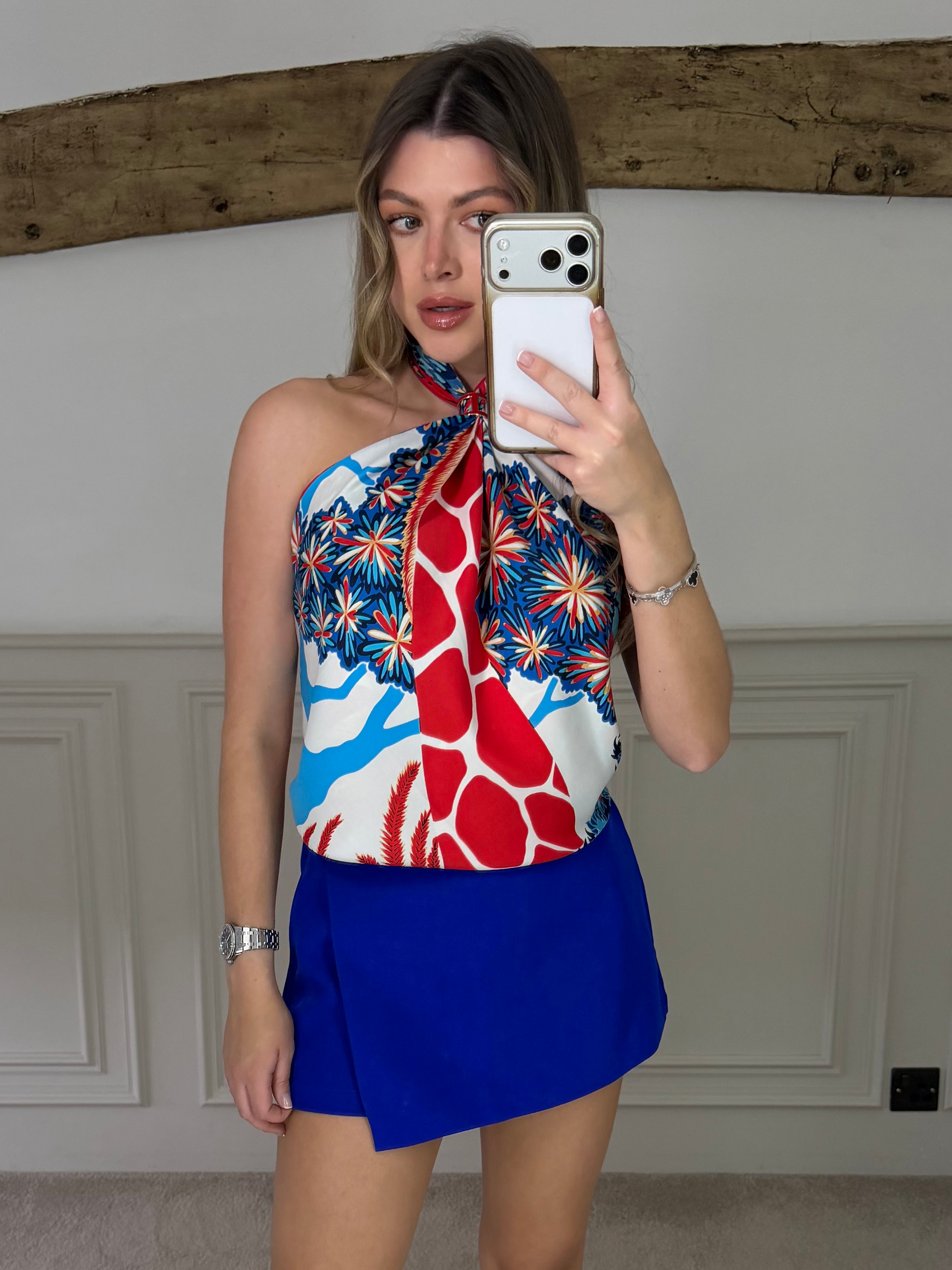 Exotic Giraffe 90cm Scarf Top - Blue & Red