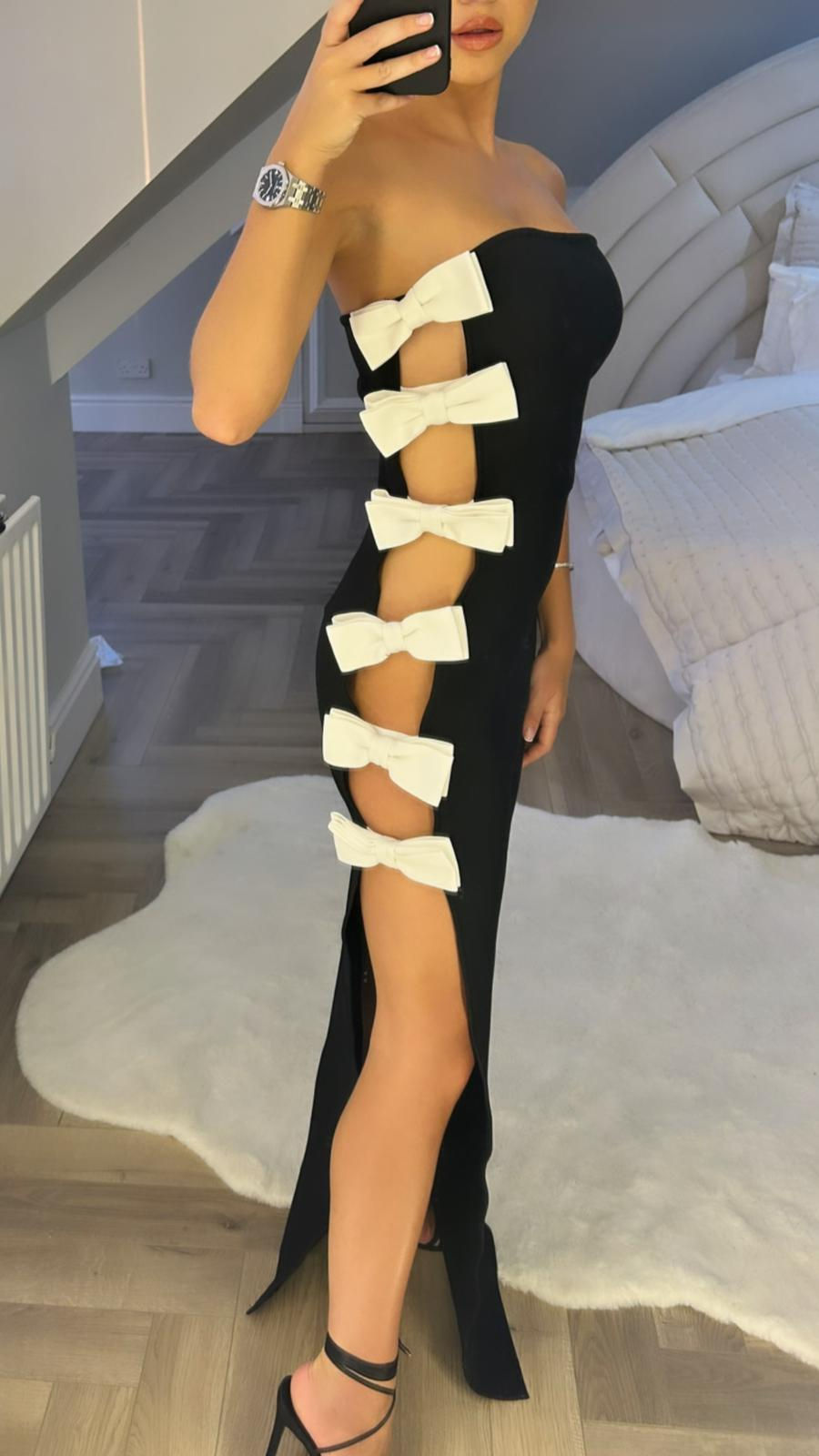 Thumbnail: SOIR Long Black Dress with White Bow 