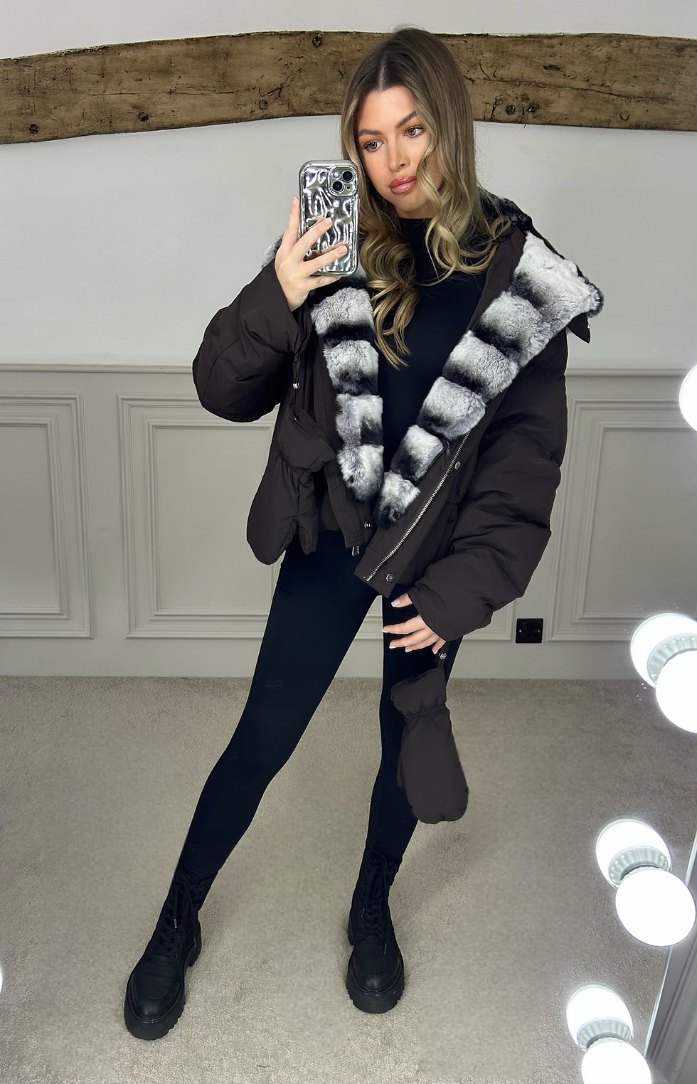 Thumbnail: Brown Puffer Coat & Gloves with Rabbit Fur Hood - LIMITED