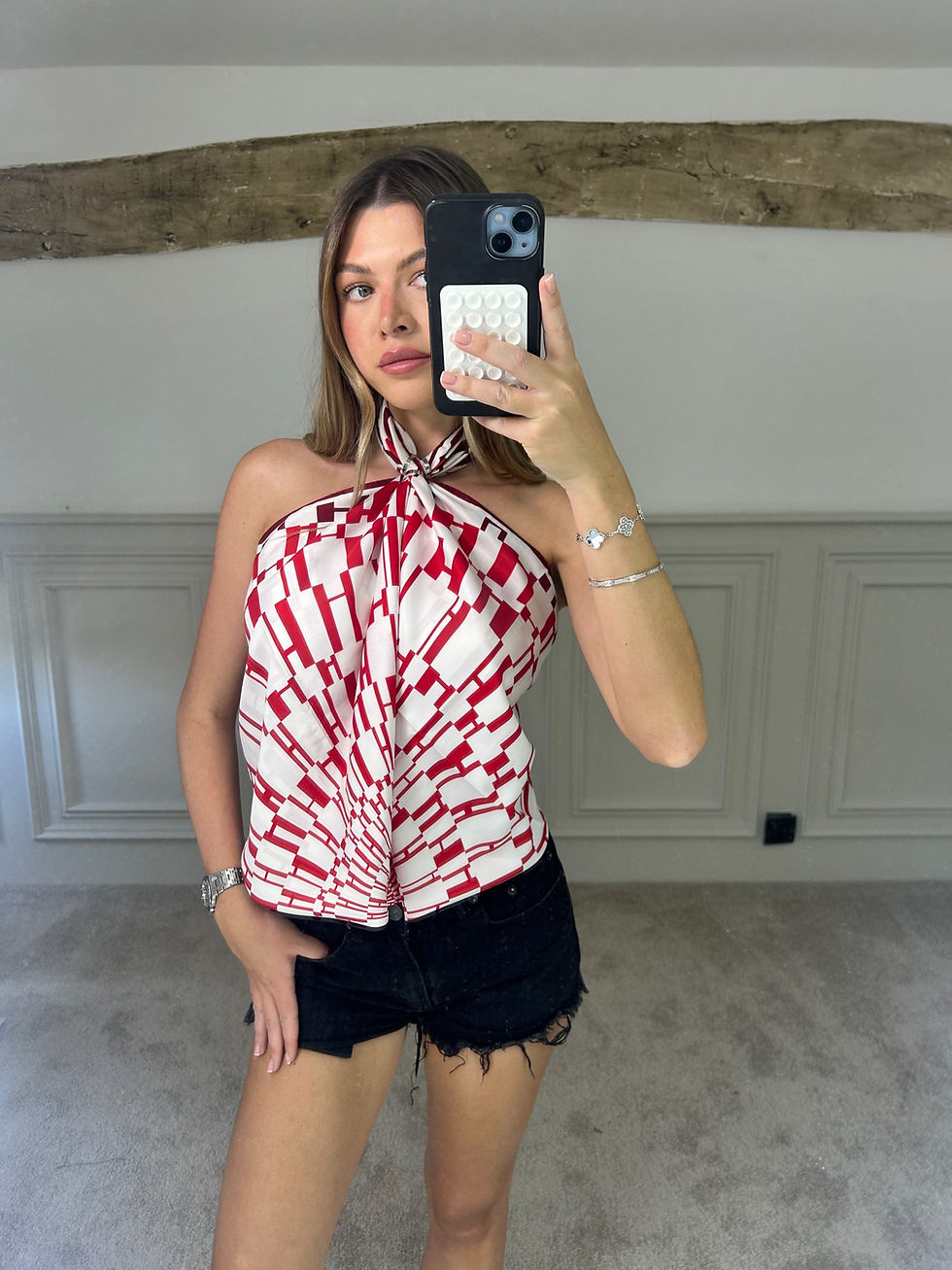 Thumbnail: H Red & White Silky 90cm Scarf Top 