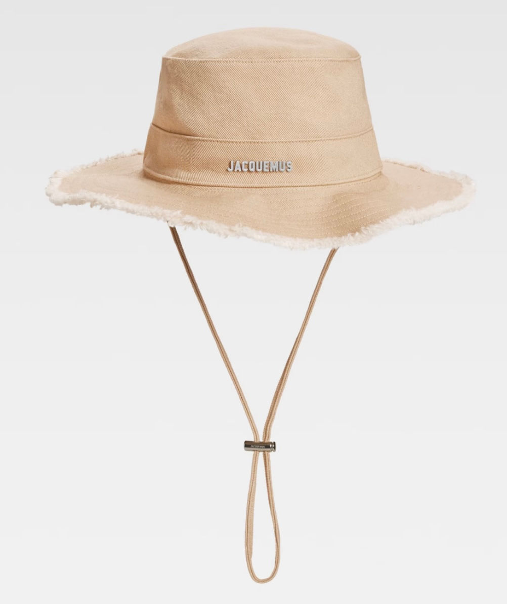 JACQ Beige Frayed Canvas Sun Hat with Tie