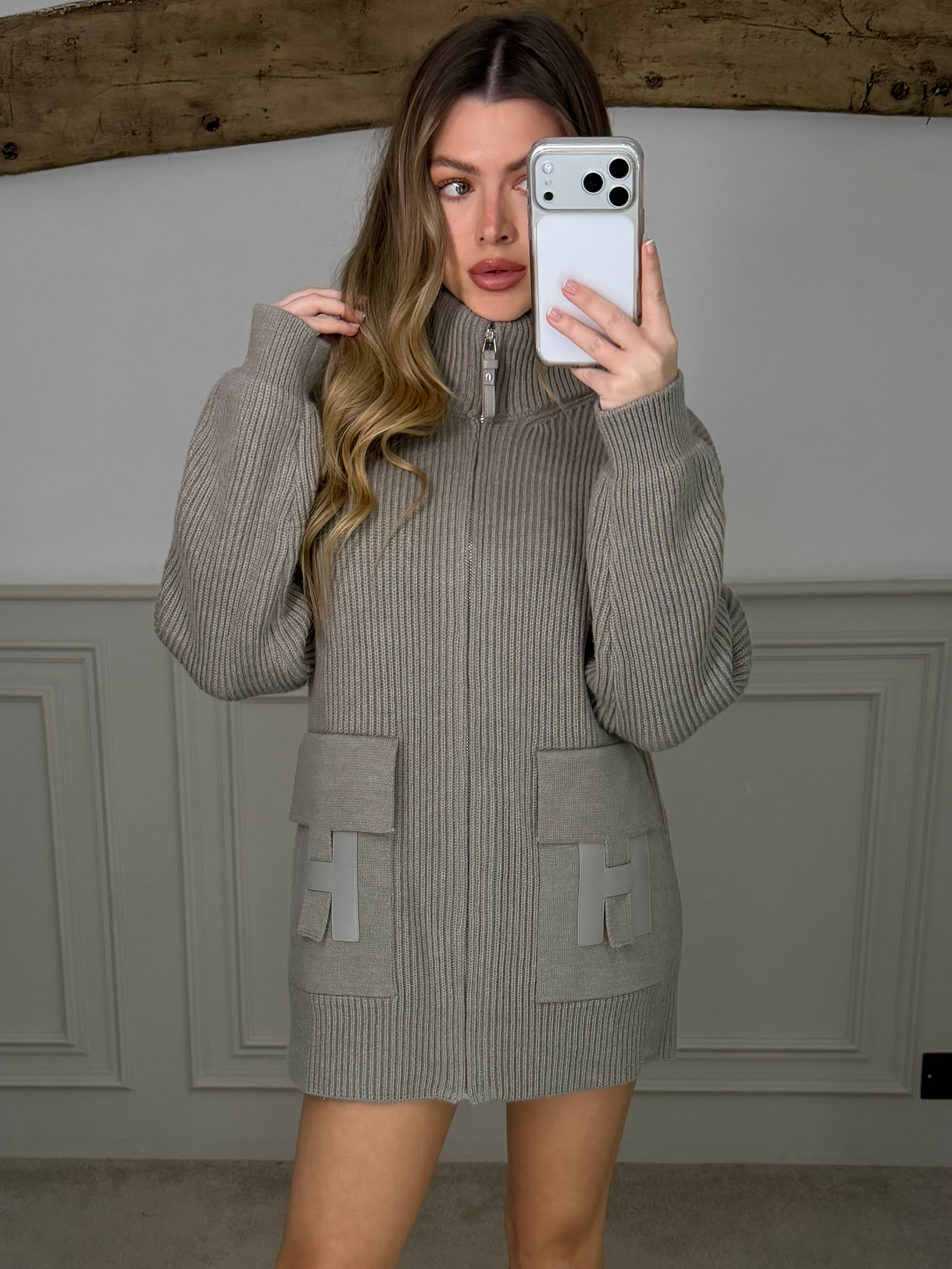 H Light Grey / Cream Cardigan With Pockets - LIMITED