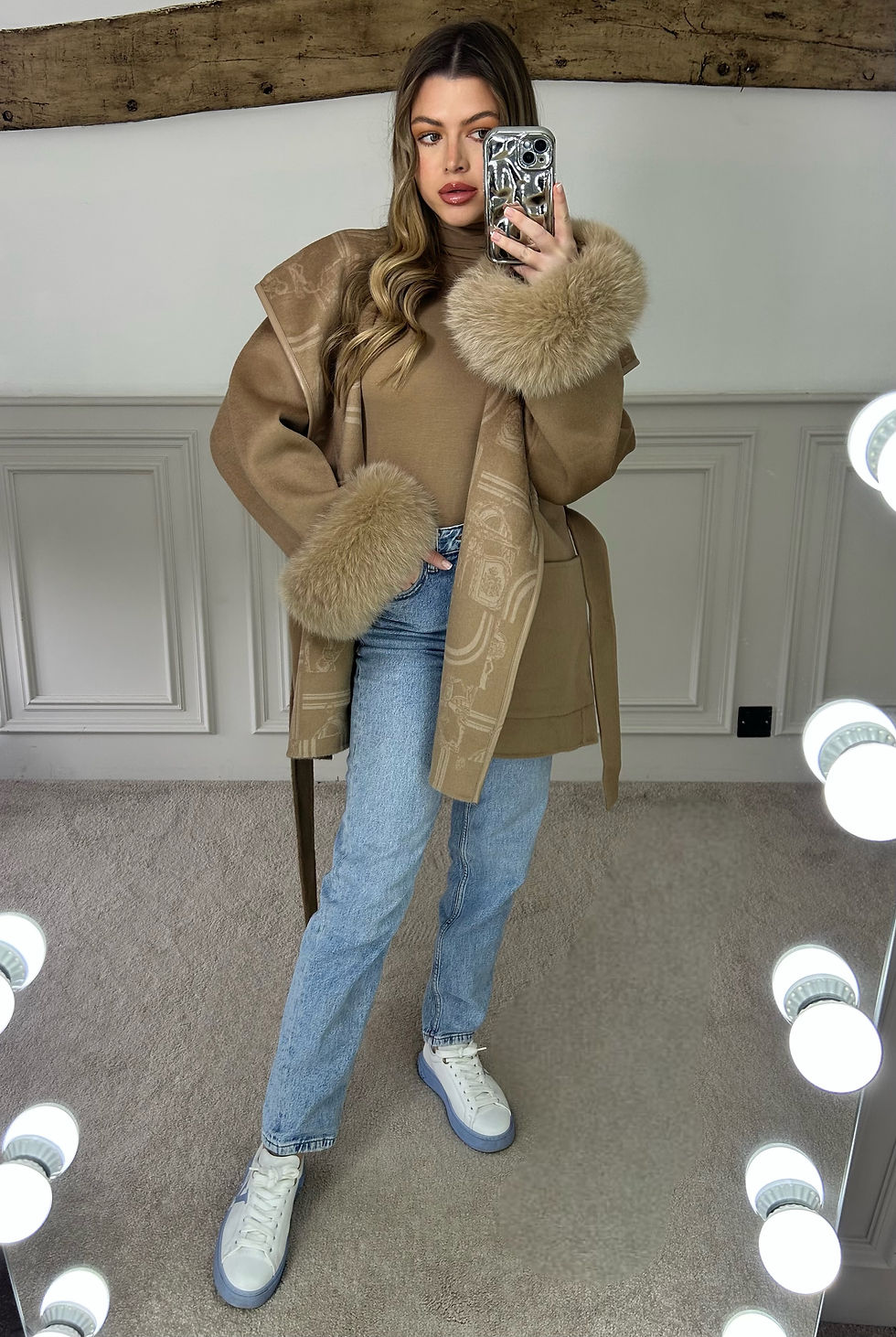 Thumbnail: H Camel Chain Wrap Over Jacket with Leather Trimmed Hood - LIMITED