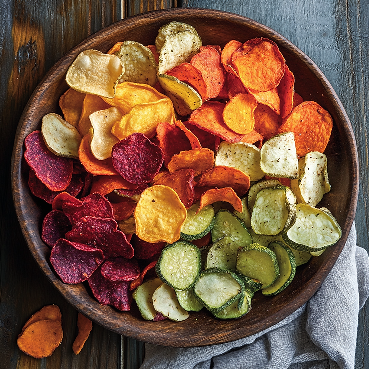 A wooden bowl filled with colorful vegetable chips in red, orange, yellow, and green hues on a rustic wooden table with a gray napkin.