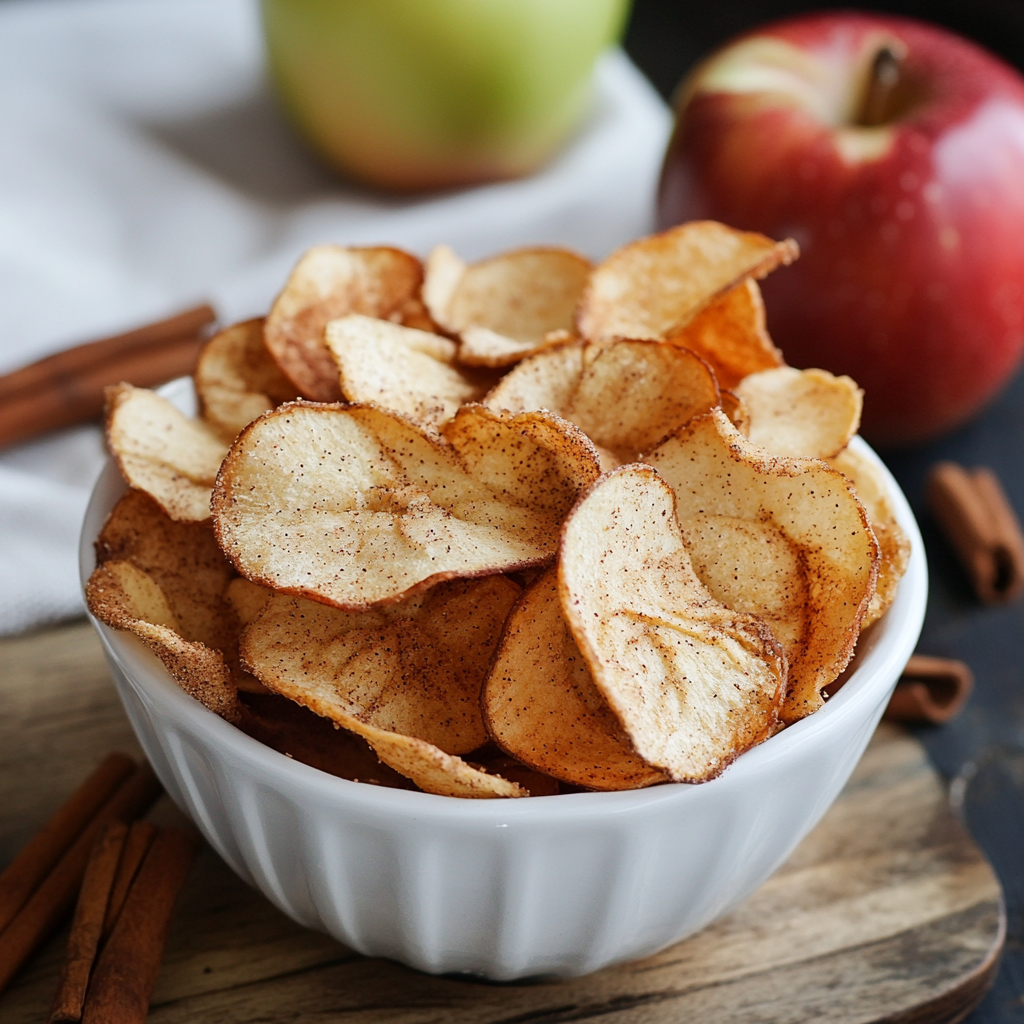 Bowl of cinnamon apple chips on a wooden board with fresh apples and cinnamon sticks in the background, creating a cozy autumn vibe.