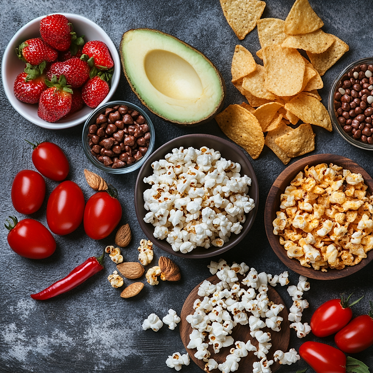 Assorted snacks on a dark surface: strawberries, avocado, chips, popcorn, cherry tomatoes, and nuts create a vibrant, appetizing display.