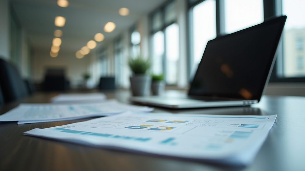 Eye-level view of a modern office desk with financial documents and a laptop