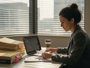 Compliance officer with regulatory paperwork at office desk