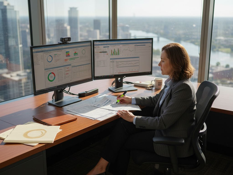 Compliance officer reviewing dashboard in corner office