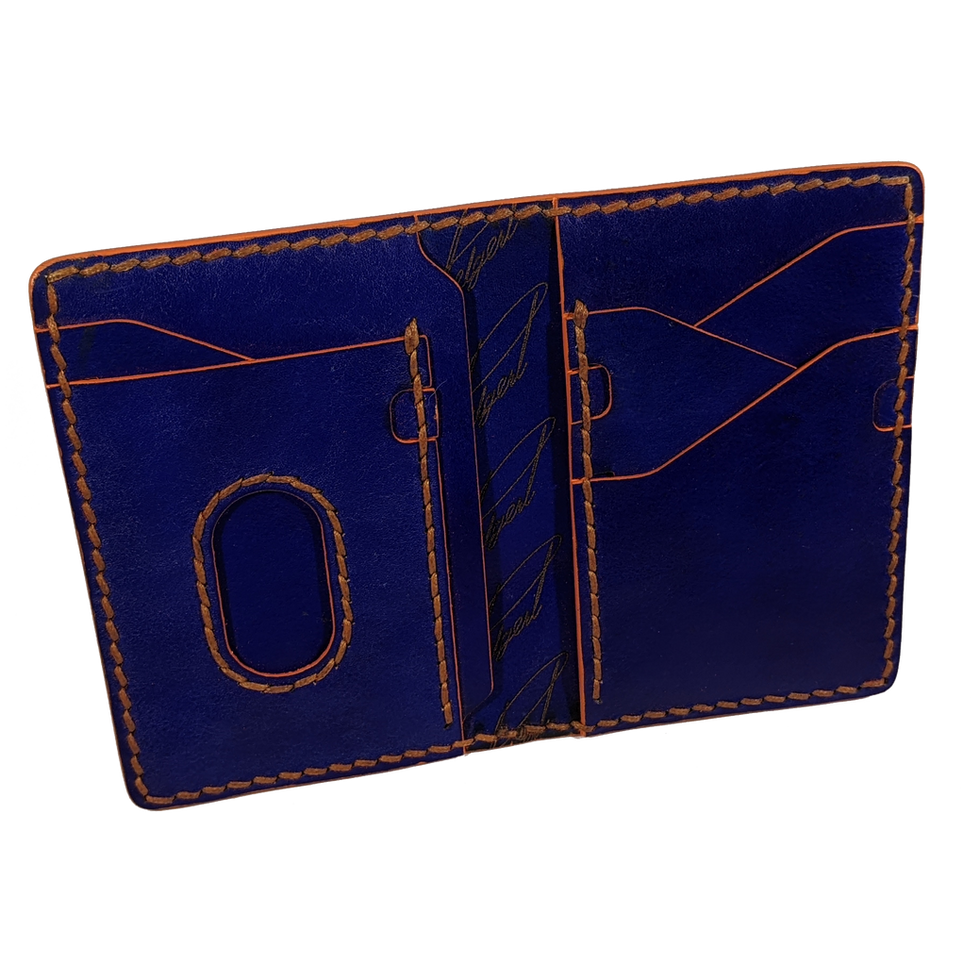 Blue dye with orange edges and stitching