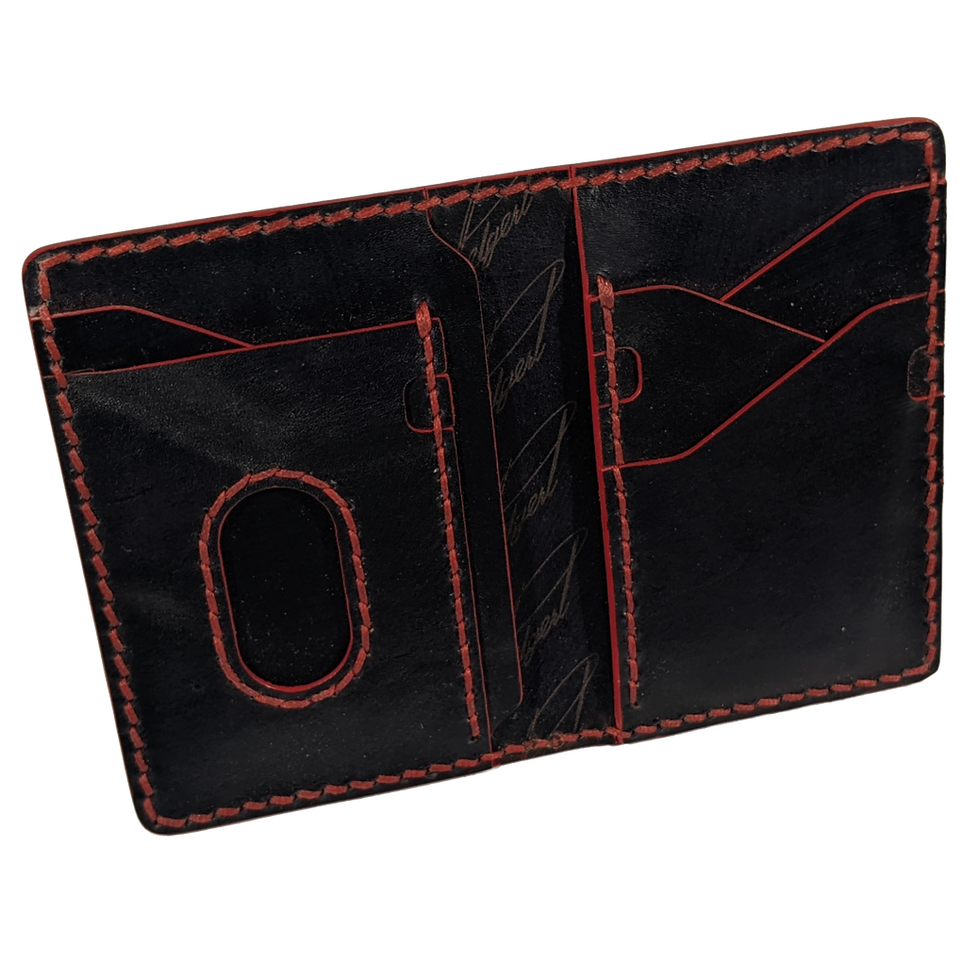 Black dye with red edges and stitching