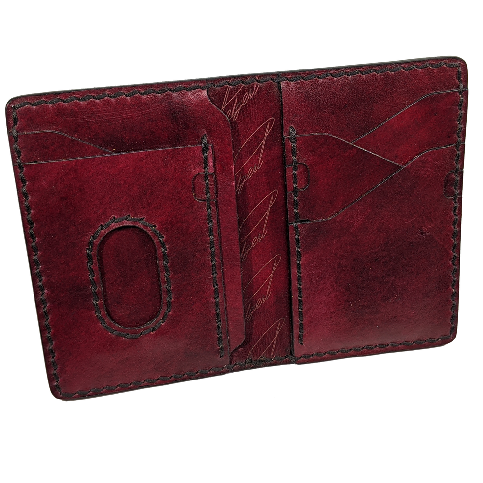 Oxblood dye with black edges and stitching