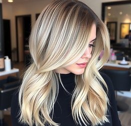 blond highlight haircut model with salon background longer hair less face showing side vie