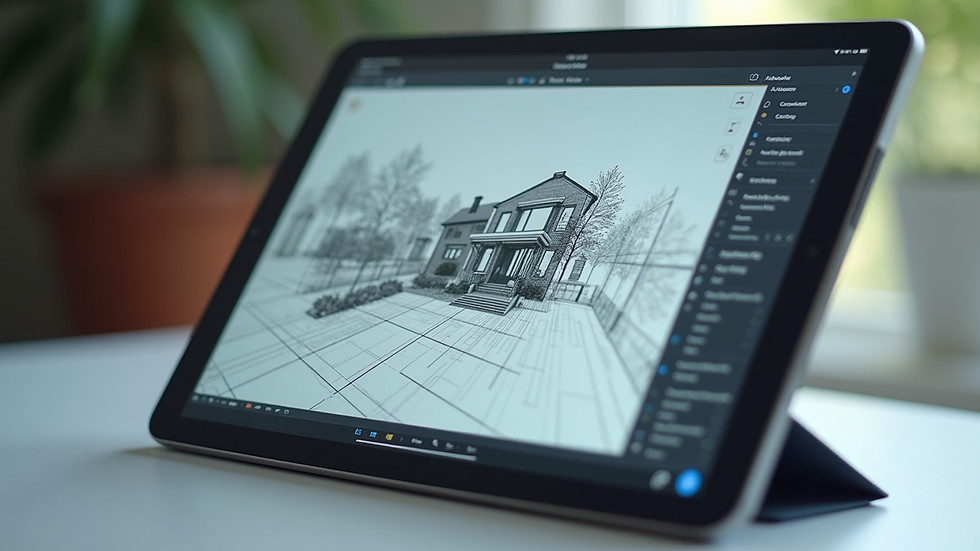 Close-up view of a tablet screen showing architectural design software