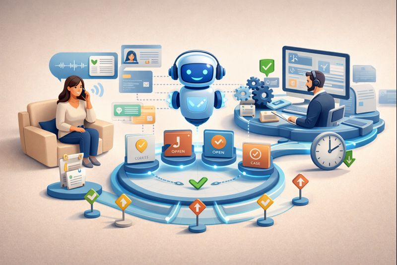 A woman talks on phone; a man works at a computer. A robot connects them. Truffle Consulting