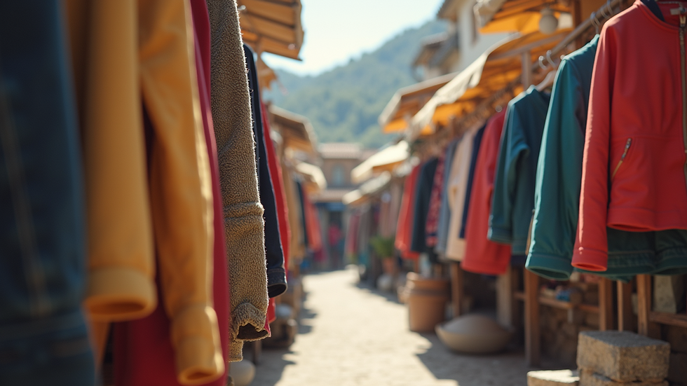 Eye-level view of a colorful outdoor apparel display