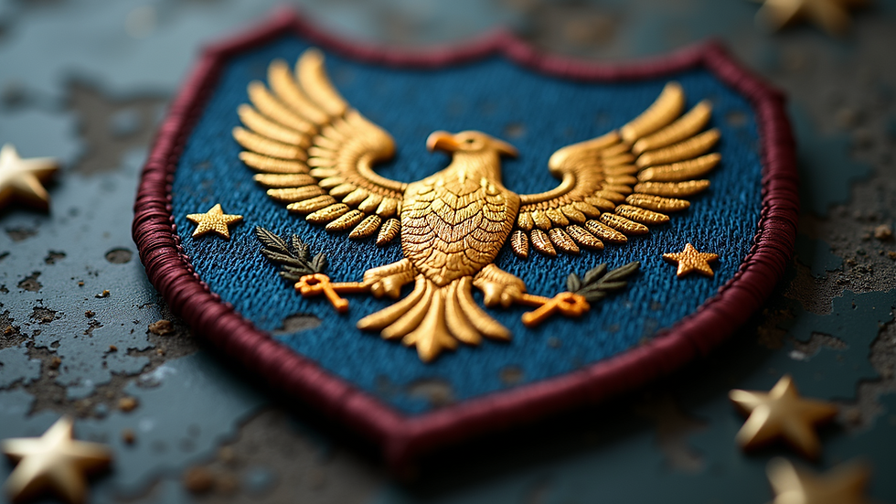 Close-up view of a shield-shaped patch with an eagle and stars