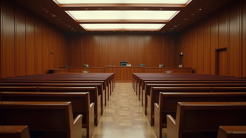 High angle view of a courtroom with empty seats