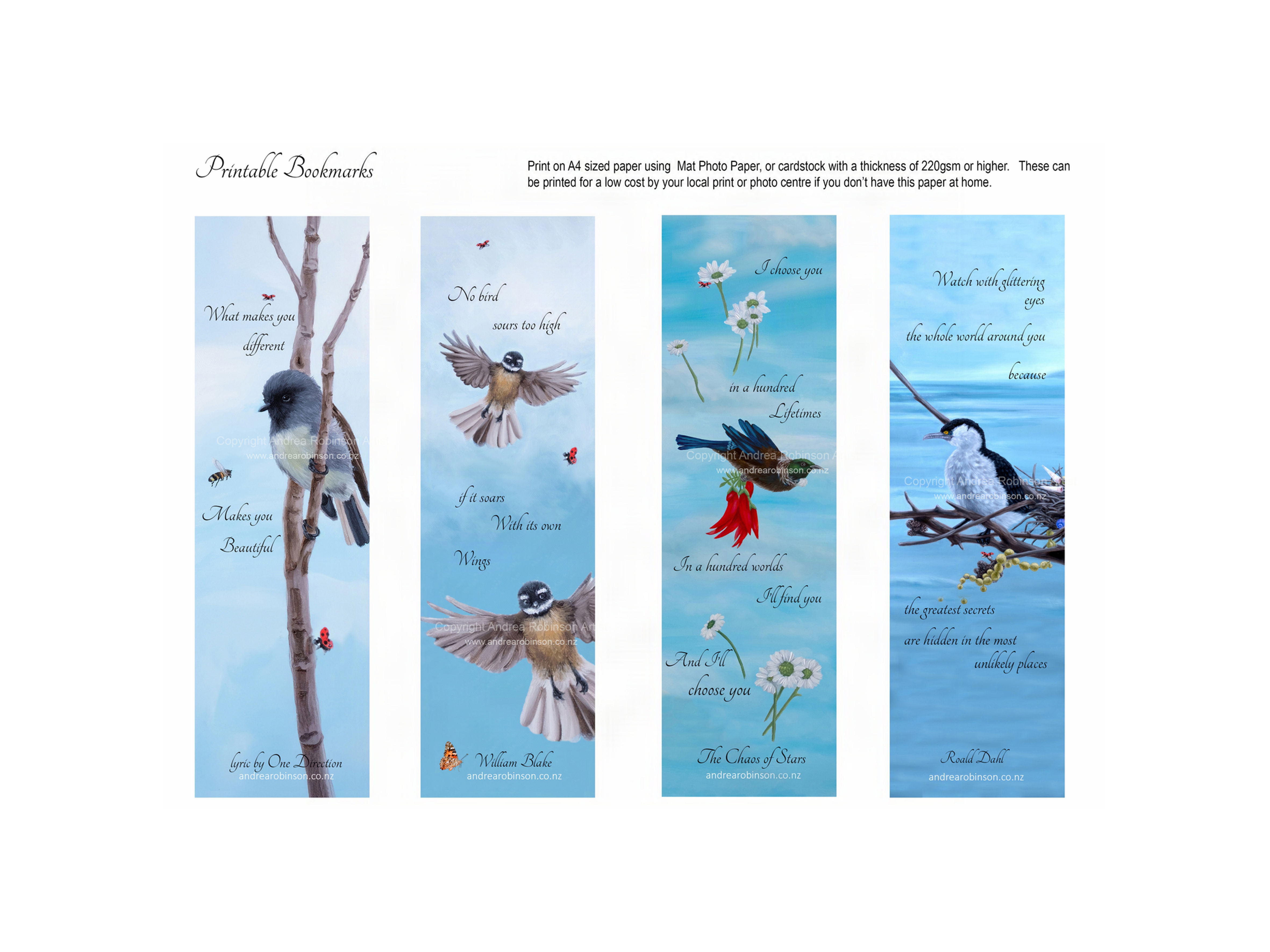 Printable Bookmarks of NZ Birds (4 bookmarks)