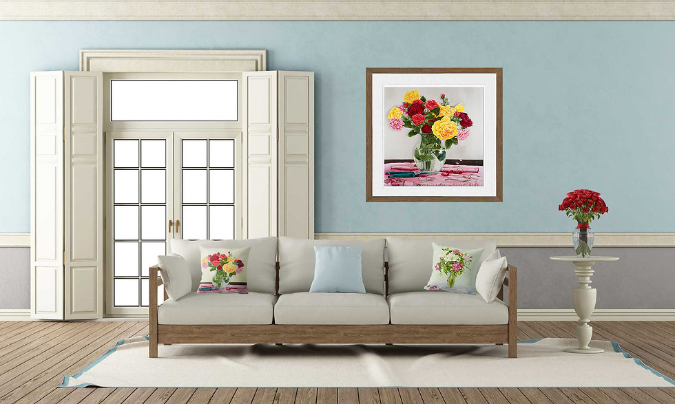 White couch with roses