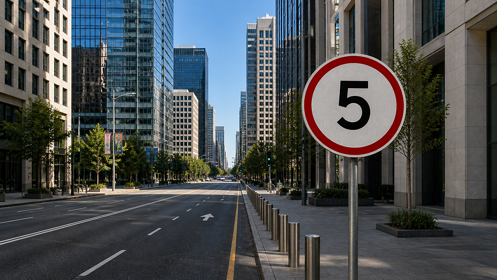 A street scene with a sign showing the number 5