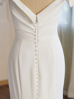 Modern fit and flare wedding dress Isla by Forever and Veil off-the-shoulder gown