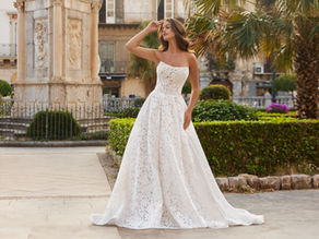 Strapless wedding dress with detachable bow at Forever and Veil bridal boutique in Johannesburg