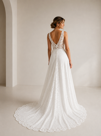 Girona lace A-line wedding dress with floral lace, square straps and elegant train at Forever and Veil Bridal Boutique