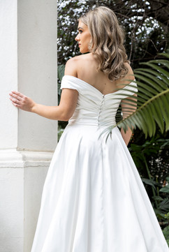 Modern A-line wedding dress Pippa by Forever and Veil off-the-shoulder gown