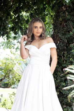 Modern A-line wedding dress Pippa by Forever and Veil off-the-shoulder gown