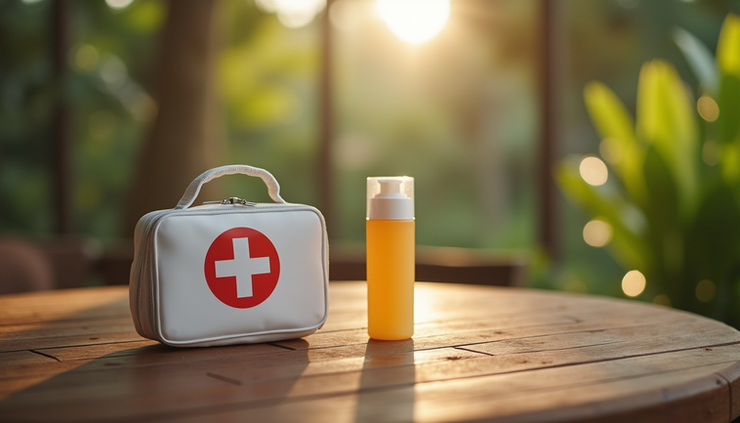 Close-up view of a first aid kit and sunscreen on a wooden table at a Costa Rica Boutique Hotel