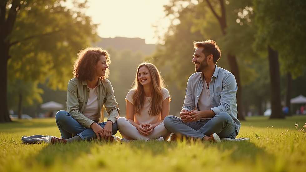 Wide angle view of a serene park setting where laughter echoes among friends