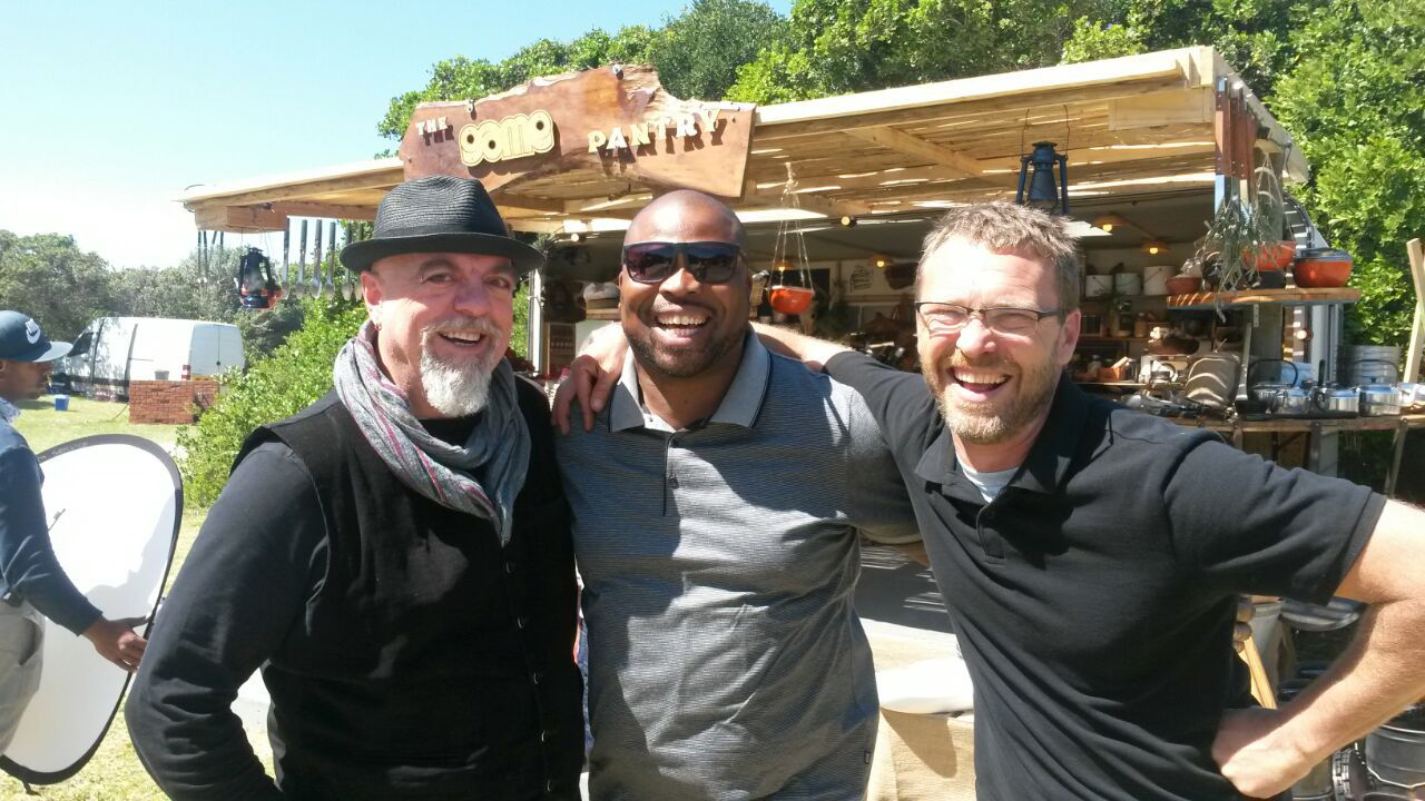 UBMS5 Pete Goffe-Wood, Benny Masekwameng, Justin Bonello in front of the Game Pantry