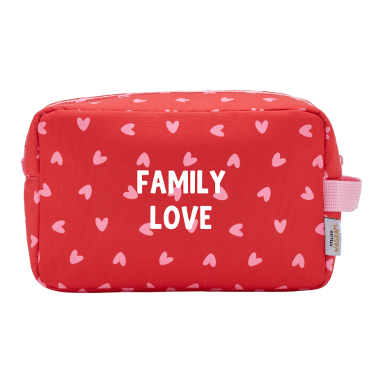 Miniature : Trousse de toilette - Personnalisable | Fond rouge cœurs roses