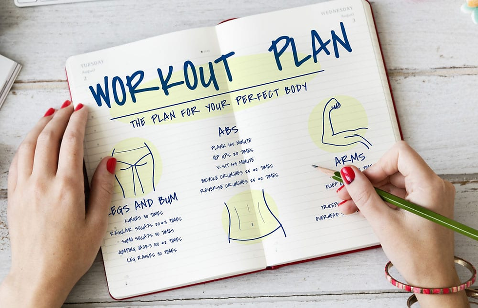Hands write in a notebook titled "Workout Plan" with sketches of exercises. The setting is a wooden desk, creating a focused, organized mood.