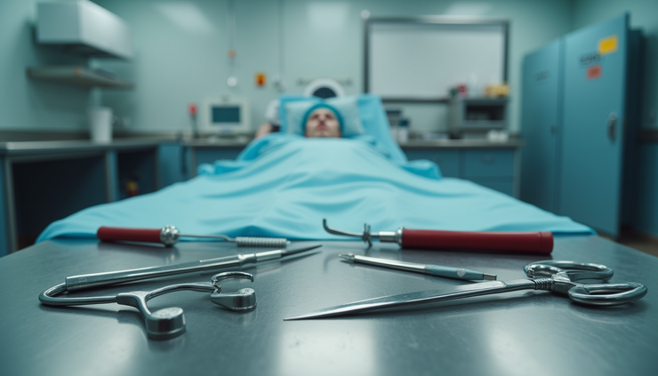 Eye-level view of a medical examiner’s office with autopsy tools neatly arranged