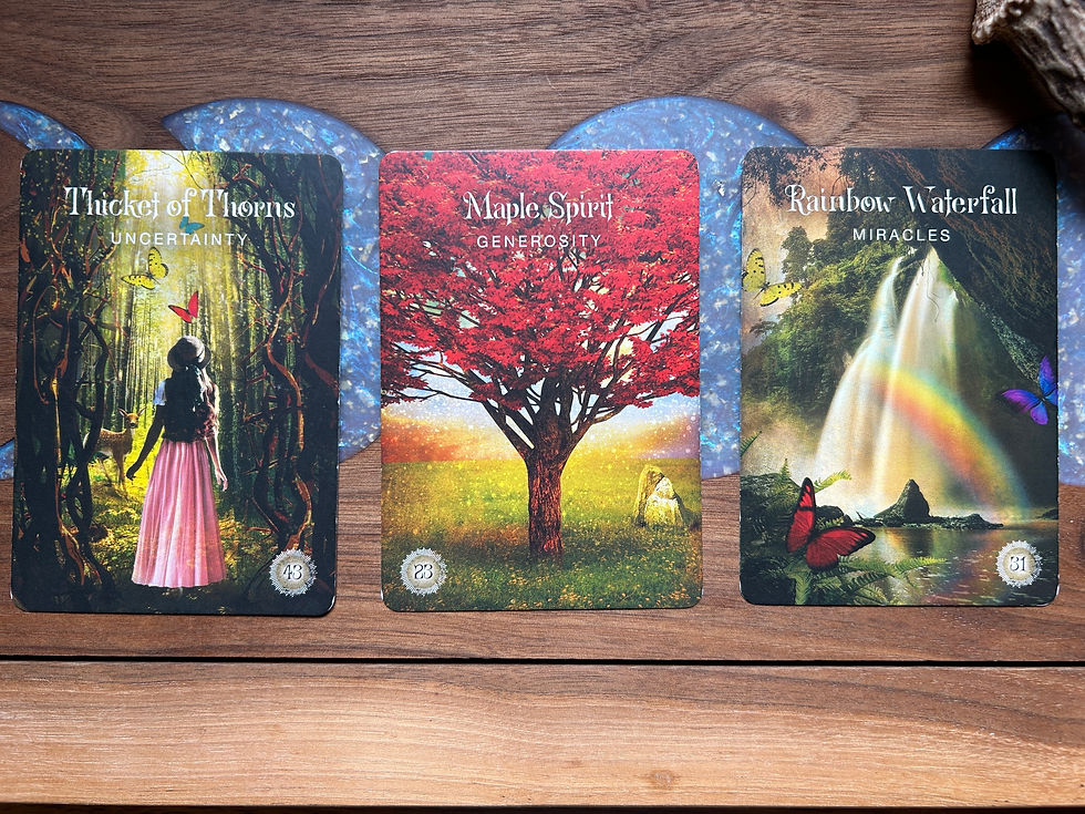 Three colorful cards on wood: Thicket of Thorns, Maple Spirit, and Rainbow Waterfall. Themes: Uncertainty, Generosity, Miracles. Vivid nature scenes.