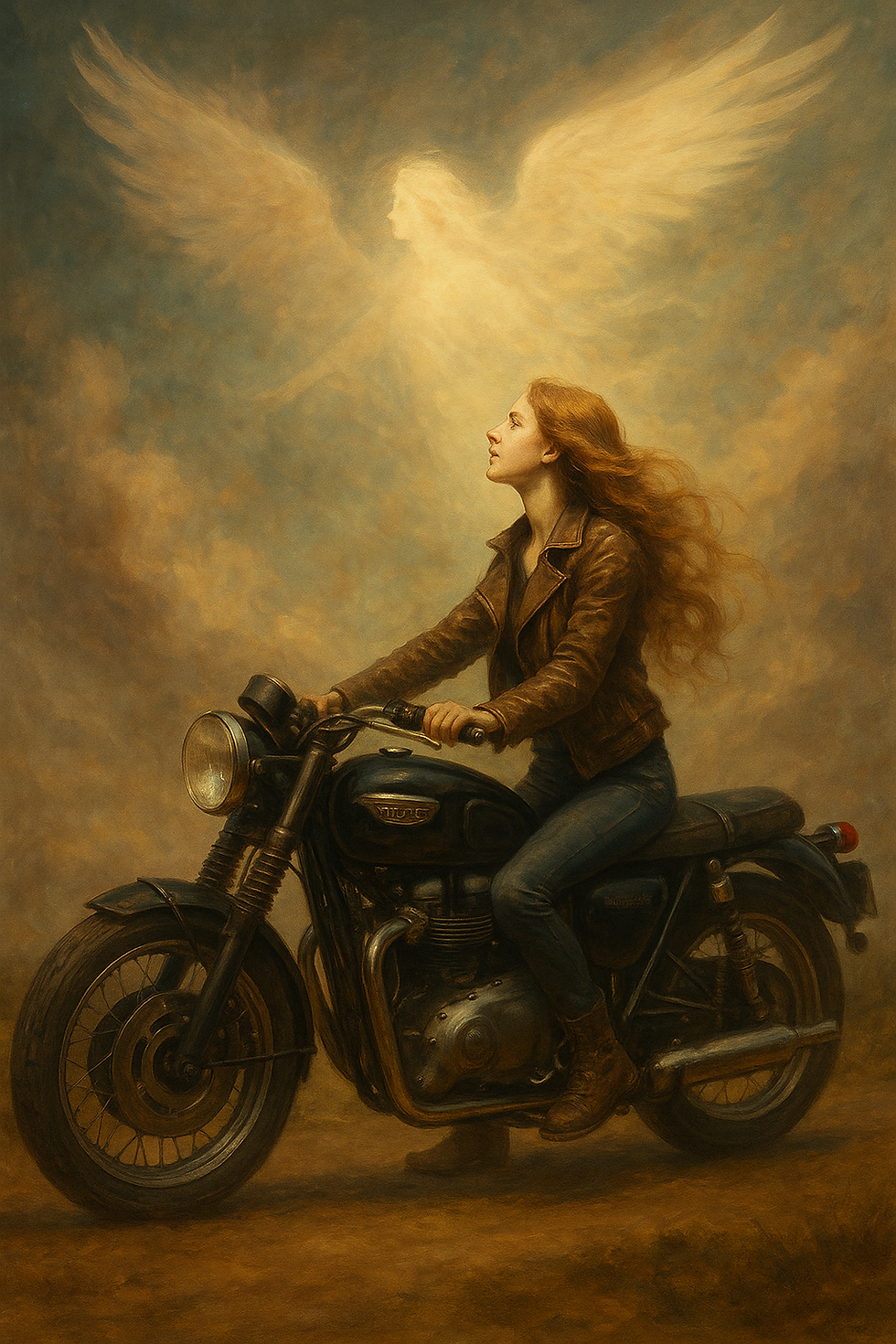 Spiritual art of woman riding motorcycle under angelic sky, symbolizing divine guidance and personal healing