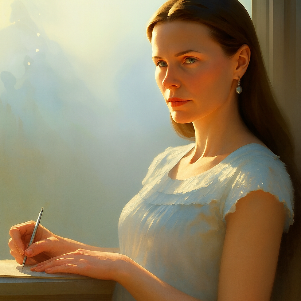 Soft, dreamy portrait of a young woman in white at a sunlit window, pen in hand, looking reflective and radiant — symbolizing creative renewal and self-reclamation.