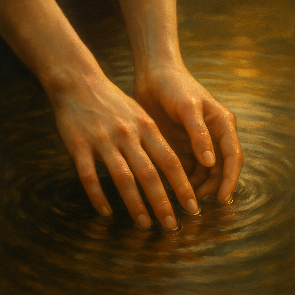Close-up of slender hands resting in rippling water, earthy tones and soft realism — evoking the body’s memory of grief and quiet resilience.