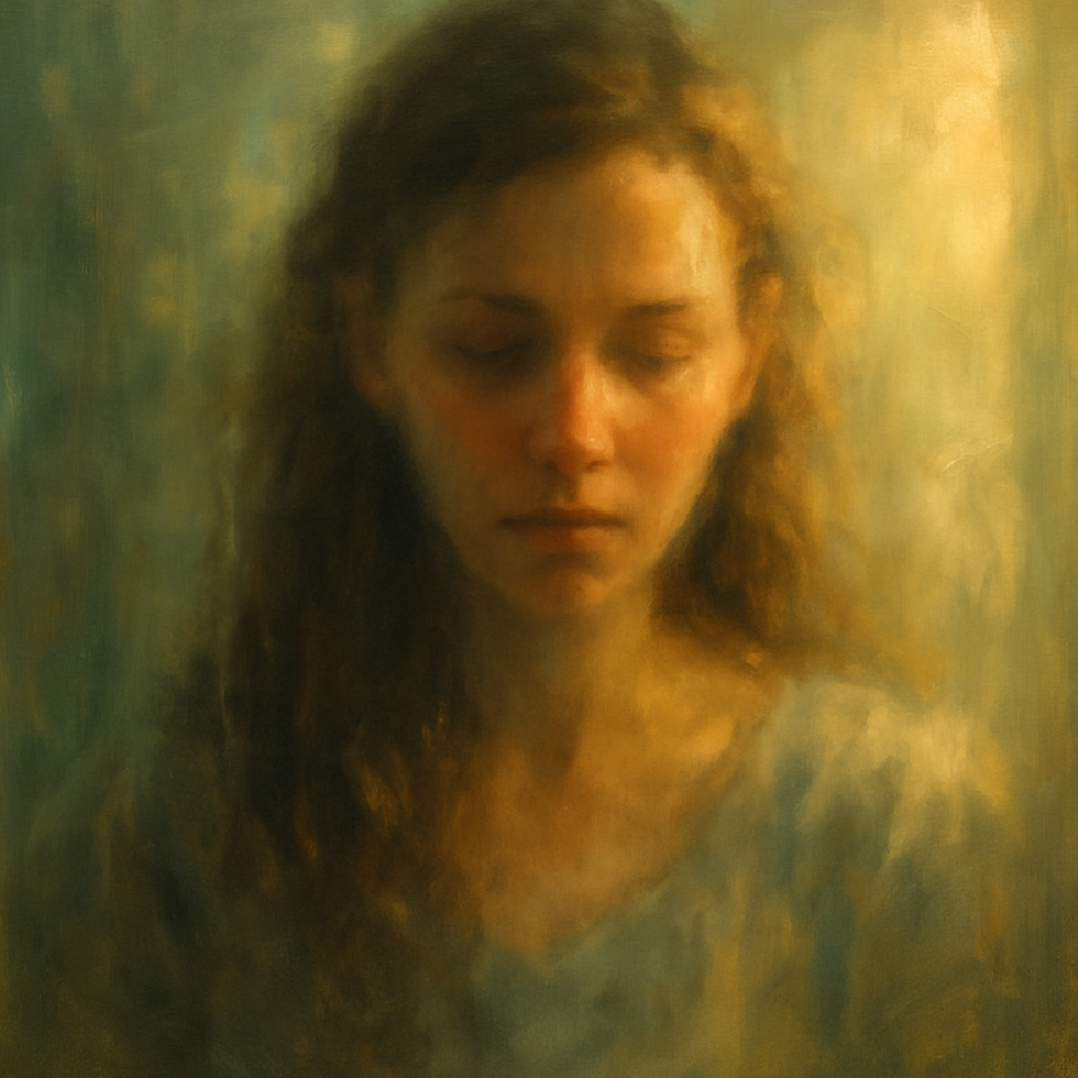 A tender, blurred reflection of a woman in soft natural light, slightly fractured but bathed in warmth — symbolizing reckoning with her own reflection and identity.