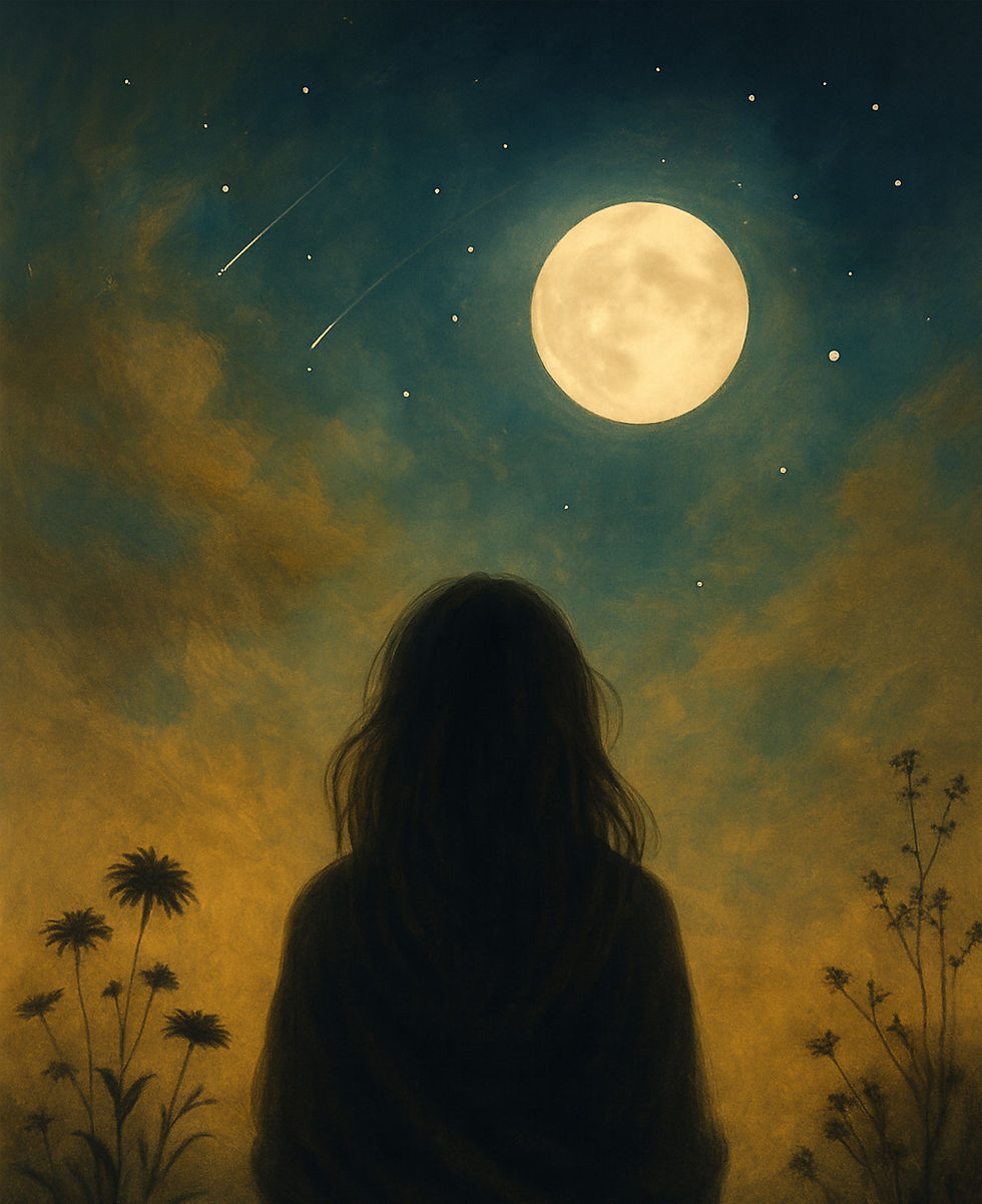 Silhouette of a woman wrapped in shadow, gazing at a glowing full moon and starry sky above tall wildflowers — dreamy, earthy, and reflective, symbolizing grief and mystery.