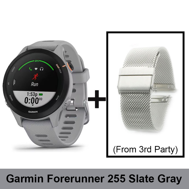Thumbnail: Garmin Forerunner 255 Slate Gray watch, third-party silver mesh band.