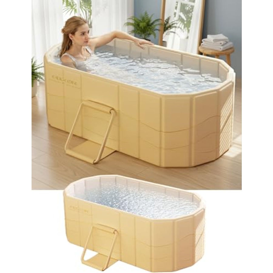Woman in portable folding bathtub